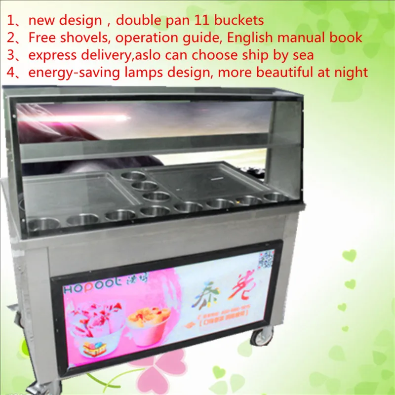 

Newest CE fried ice cream roll machine ,double pan 11 buckets double compressor Fried ice roll pan machine,fried ice machine