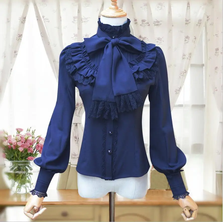 Винтажная женская рубашка с длинным рукавом, Готическая шифоновая кружевная блузка с рюшами, красный/черный/белый/темно-синий, викторианская рубашка в стиле Лолиты, рубашка в стиле горничной