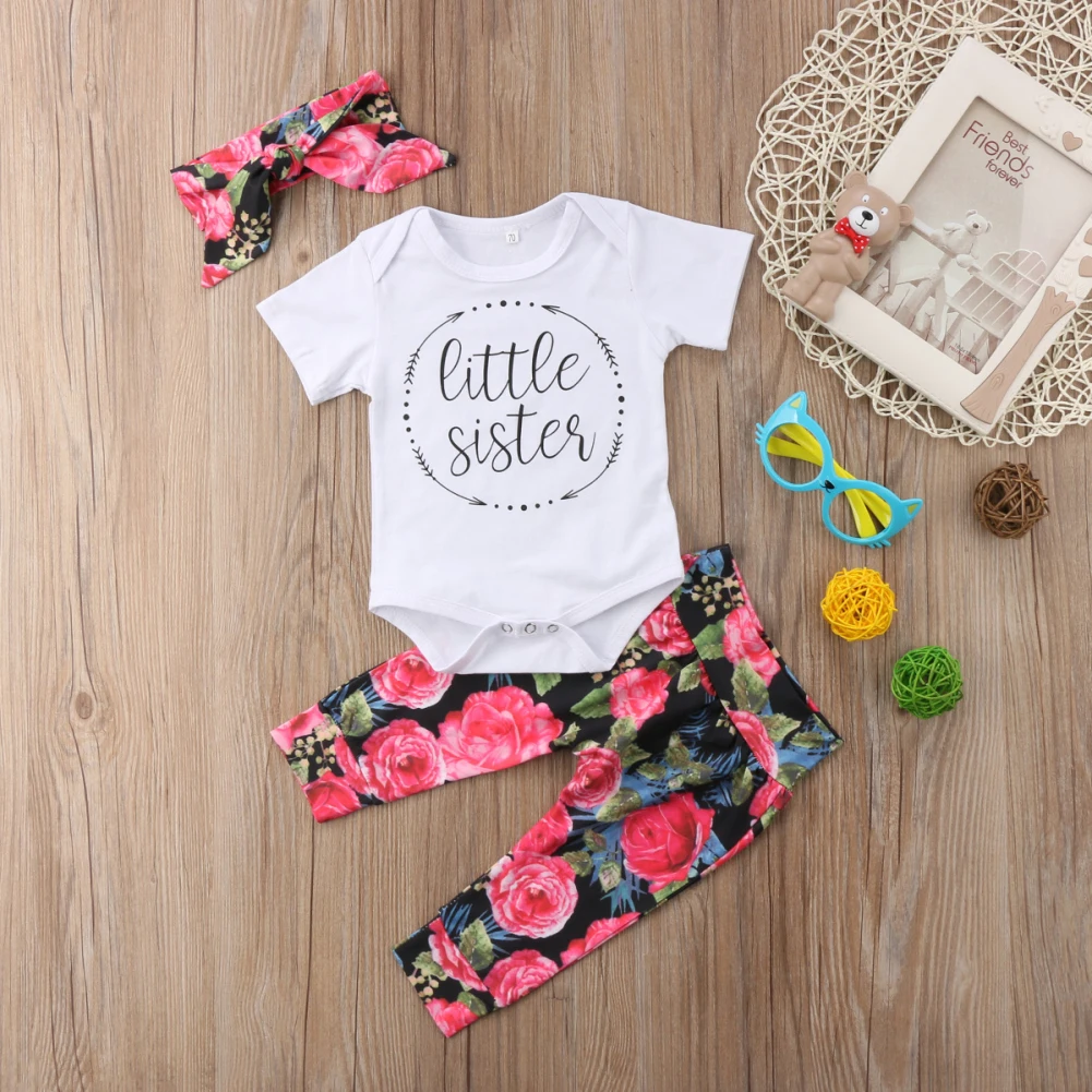 Одежда для новорожденных девочек; хлопковый комбинезон с надписью+ штаны с цветочным принтом; леггинсы+ повязка на голову; комплект одежды из 3 предметов