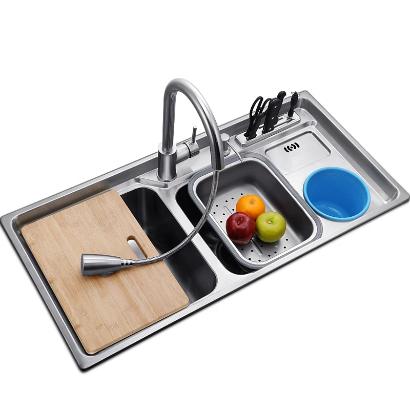 multifunctional kitchen sink Stainless steel brushed   double bowl Drawing drainer hot and cold water faucet  free shipping sink 4