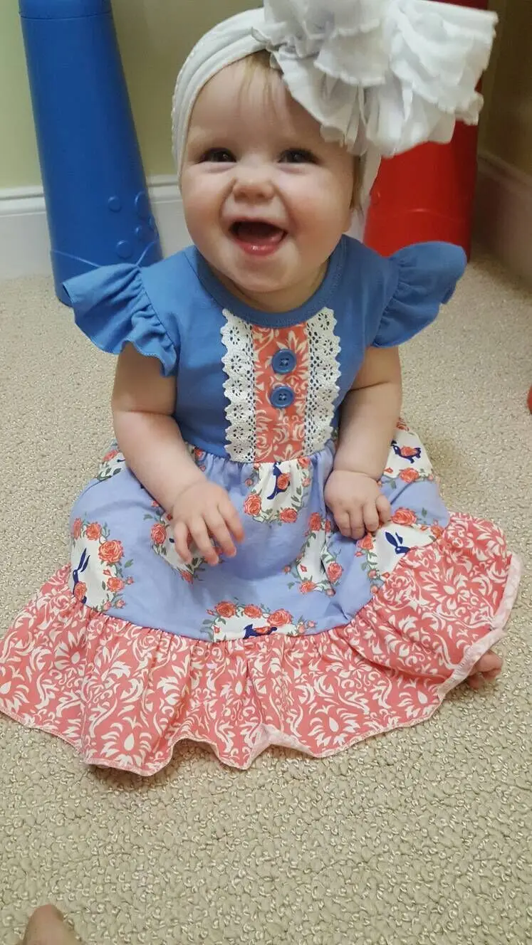 Aicton/ г.; дизайн из пасхального хлопка для маленьких девочек; Изысканная одежда для детей; платье с пасхальным кроликом; цвет синий, розовый; кружевное платье; сезон весна-лето