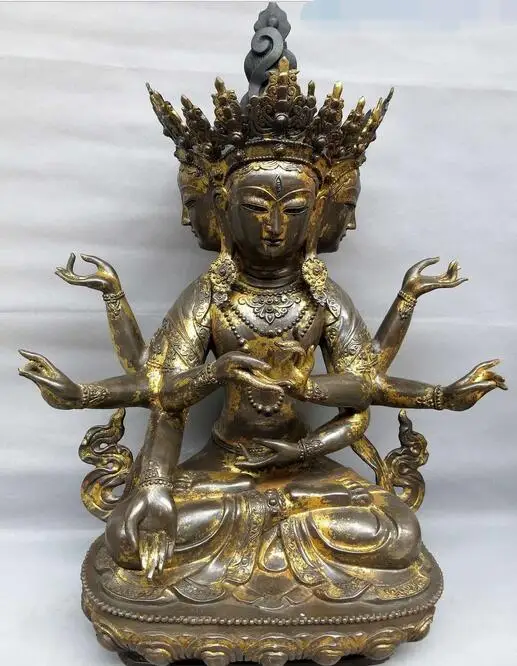 

free 32" China old bronze gild sculpture carved buddhism 4 face 8 armed buddha statue fast