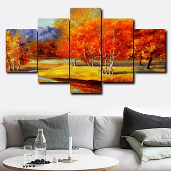 

5 Panel Canvas Painting Calligraphy Natural Scene Red Trees Posters and Prints Wall Art Pictures for Home Kitchen Bathroom Decor