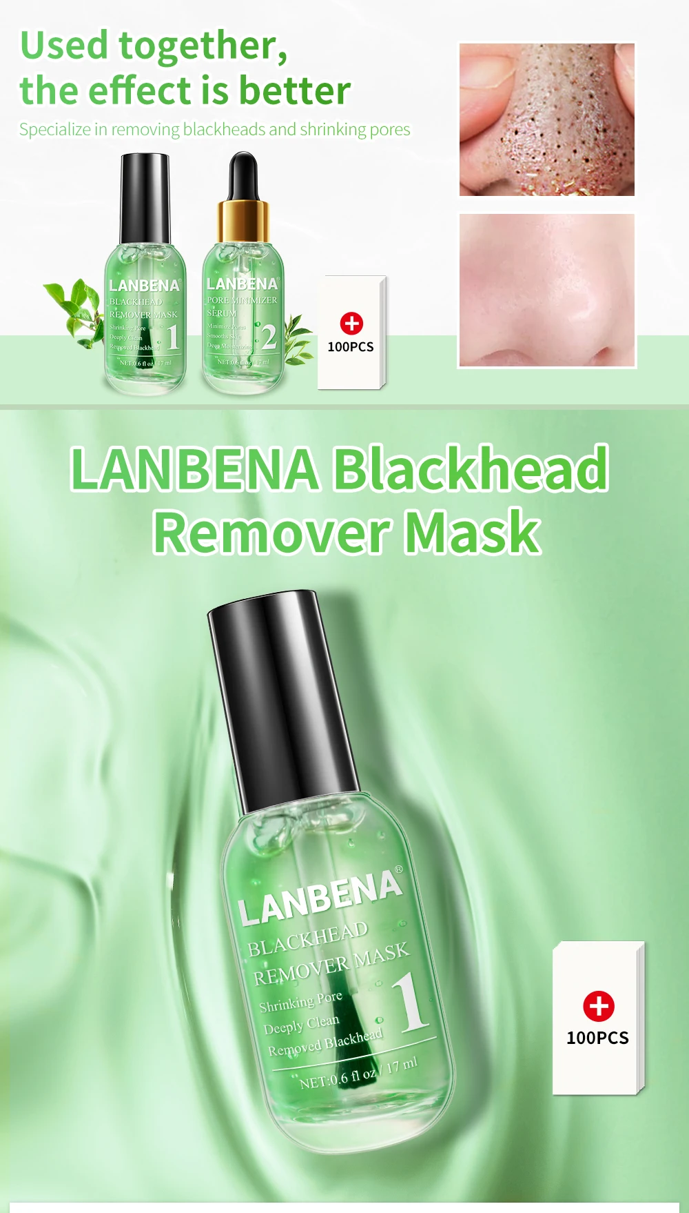 LANBENA beauty уход за кожей, маска для удаления черных точек, сыворотка для глубокой очистки, сужающая поры, очищающая от акне, эссенция, гладкая, 100 шт