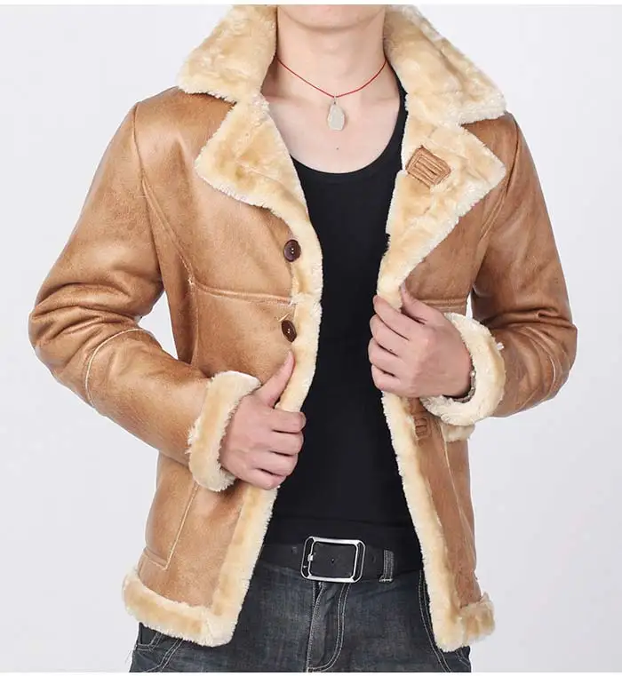 New Mens 2015 Winter Faux Shearling SHEEPSKIN Suede Leather Jackets Thick Fur Coat Warm Flight 