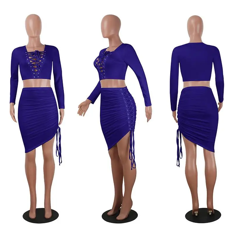 ADEWEL 2017 Autumn Women Bandage Lace Up Two Piece Set Mini Dress Sexy Bodycon Long Sleeve Crop Top &  Irregular Club Dress Sets (4)