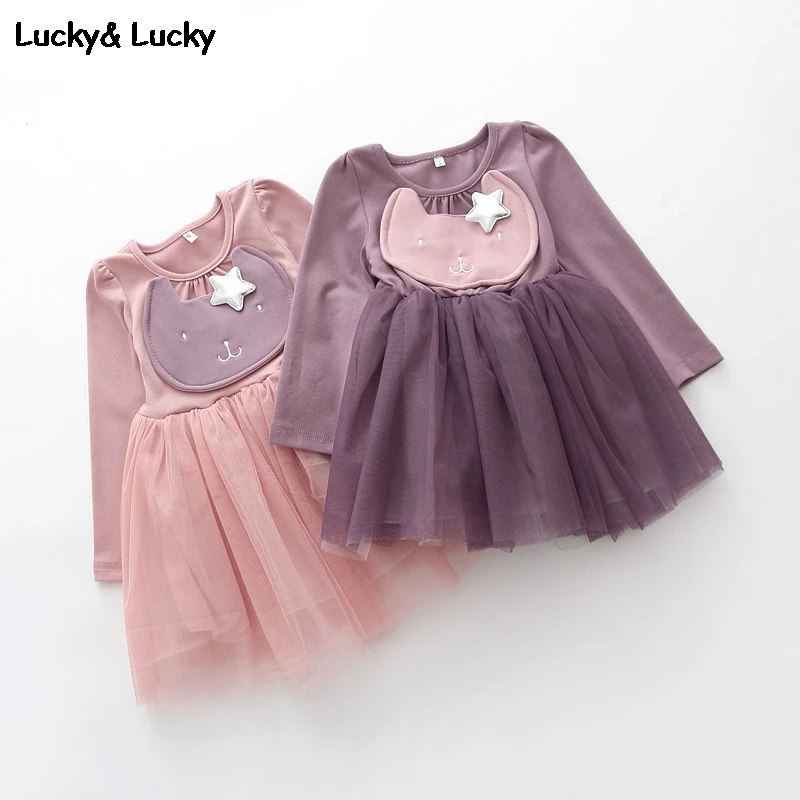 

Fashion girls dress cat printed long sleeve party dress veil dresses for girls casual costume for kids