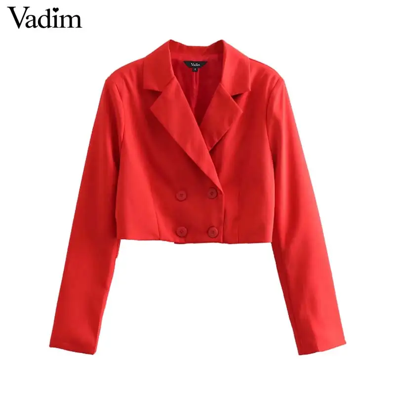 

Vadim women solid red short blazer notched collar long sleeve double breasted female casual simple crop tops jacket coat CA406