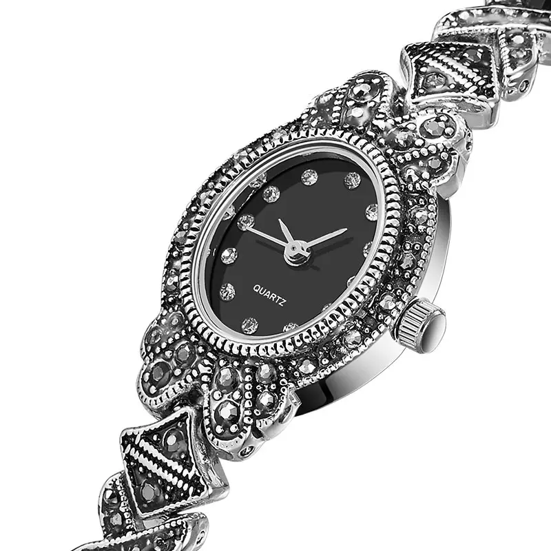 Винтажные женские Стразы, кварцевые часы, резные, сплав, браслет, наручные часы, ретро стиль, Кристальные часы, подарки, LXH - Цвет: Черный