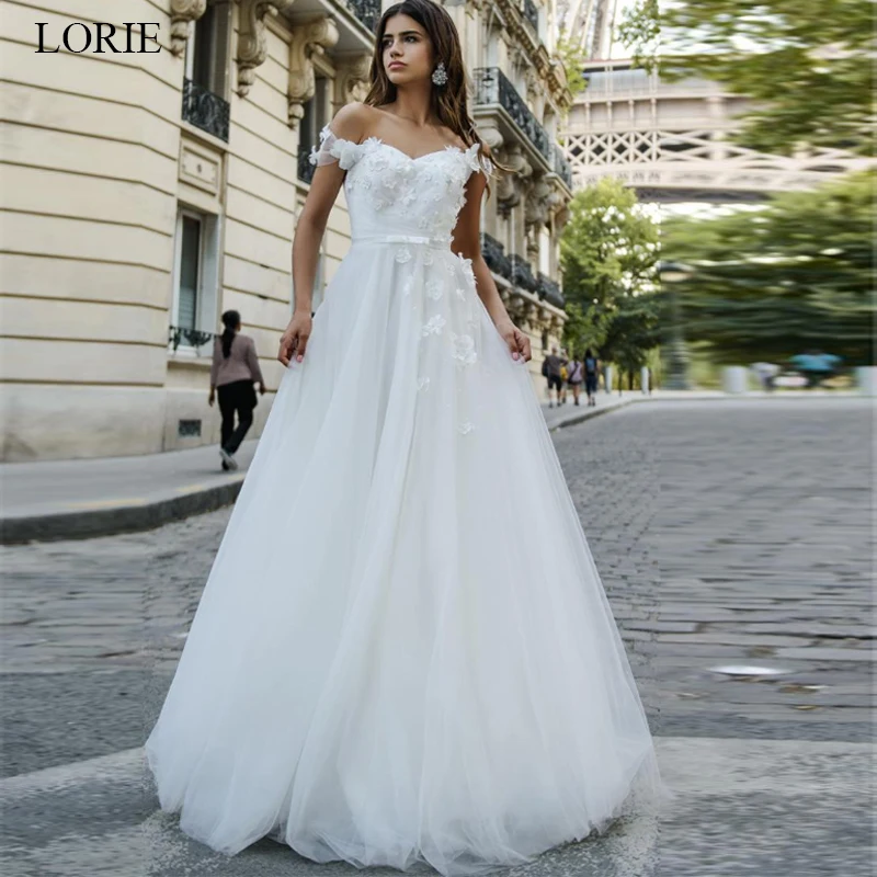 

LORIE Beautiful Princess Dress 2019 Appliques A-Line Wedding Dress White Ivory vestido de noiva Off the Shoulder Bride dress