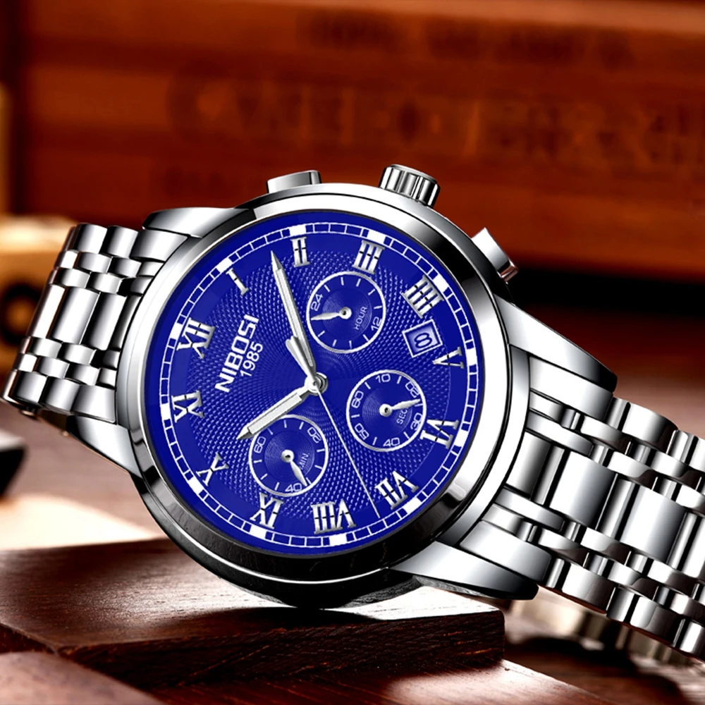  NIBOSI Luxury Brand Waterproof Military Sport Mens Watches Men Silver Steel Quartz Analog Sport Wat
