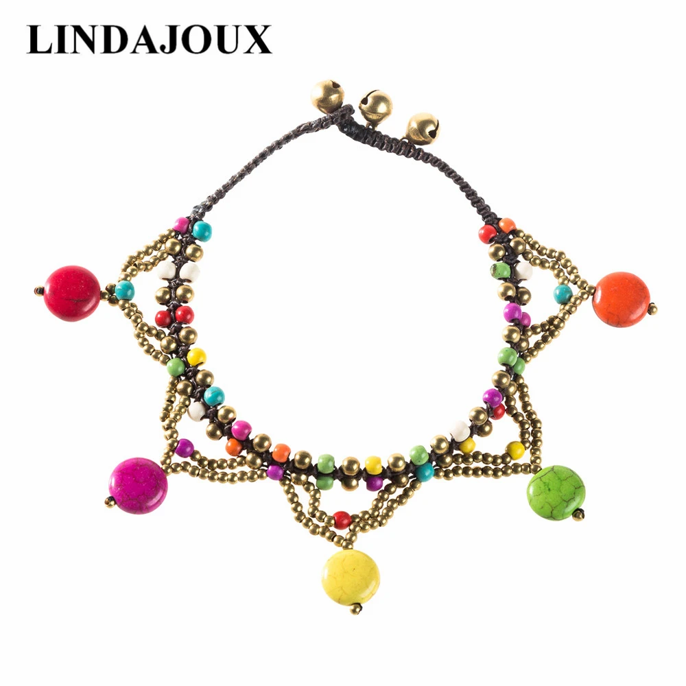 

2018 Bohemian Colorful Stone Round Charm Thai Brass Beaded Chain Anklets For Women Ankle Bracelets Foot Jewelry