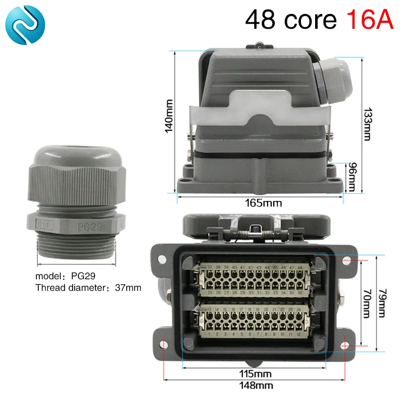 

Rectangular Heavy Duty Connector HDC-HE-048 48 Core Pins Waterproof Aviation Industrial Machine Tool Plug Socket 16A 500V