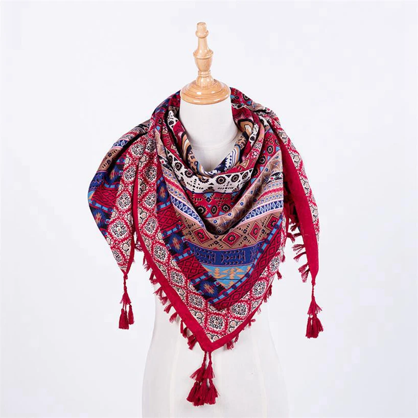 New Fashion Bohemian Women Square Tassel Scarf Printed Twill Cotton