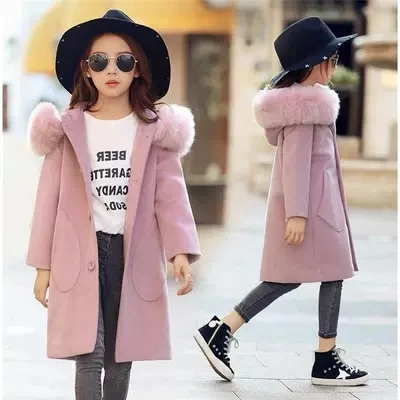 Модная утепленная шерстяная куртка с большим меховым воротником для девочек, новая зимняя детская верхняя одежда, модное пальто, детская теплая Длинная ветровка - Цвет: Розовый