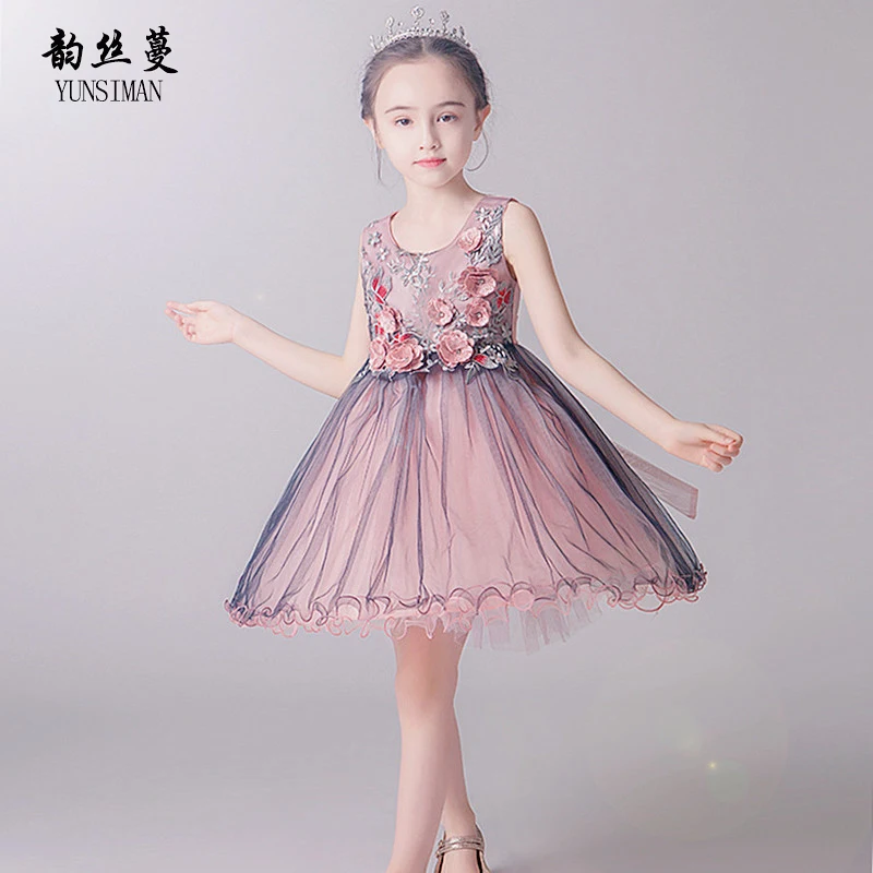

Kids Flower Girls Dress Appliques Floral Embroidery Blue White Knee Dress Girls Clothes for 3 to 10 Years Party Vestidos 4A5E