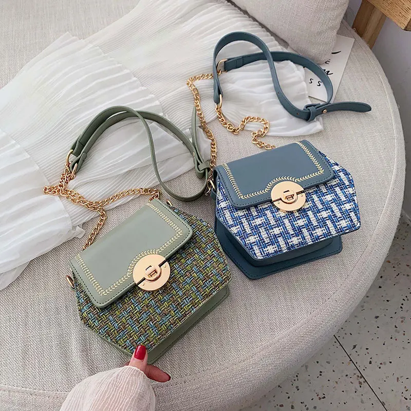 

New Women's Bag Trend Pu Stitching Wool Ladies Shoulder Bag High-grade Small Square Bag Ling Grid Chain Elegant Messenger Bag
