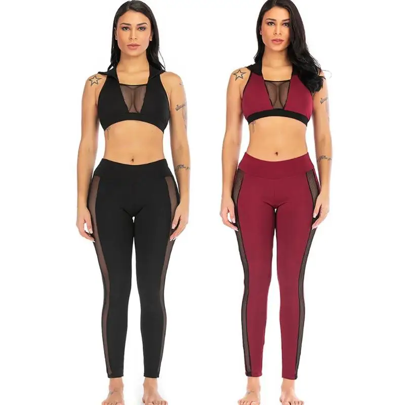 

2pcs/set Sexy Women Sports Yoga Mesh Hollowed Sleeveless Hooded Tops Pants Workout Mesh Breathable Fitness Clothing Training
