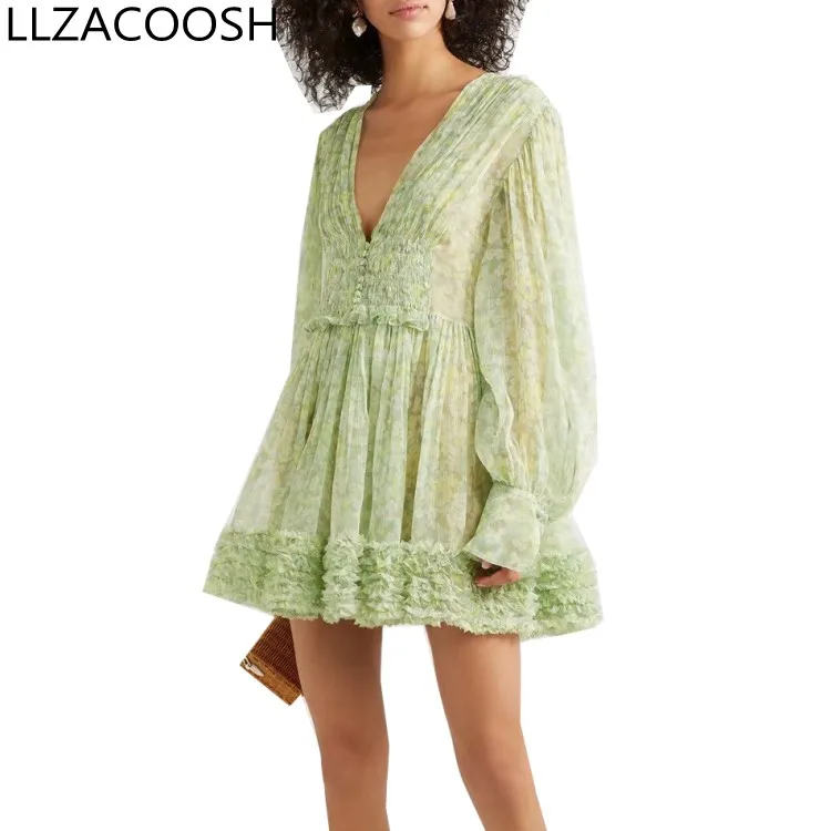 

2019 Summer Women Sexy V-Neck Elegant Slim Lantern Sleeve Chiffon Print Retro Mini Beach Holiday Casual Dresses