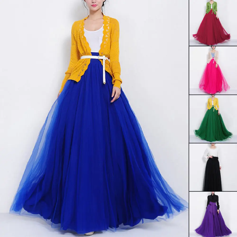 

2019 Womens Tulle Tutu Skirt Long Prom Princess High Waist Tutu Bridesmaid Gown petticoat