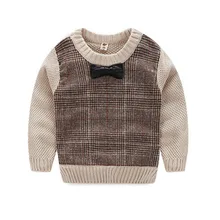 Осенние для маленьких мальчиков свитер для повседневной носки Обувь для девочек с круглым вырезом бантом Вязаный Свитеры для женщин дети вязаный Топ широкого кроя Коричневый Пуловер для детей От 1 до 3 лет