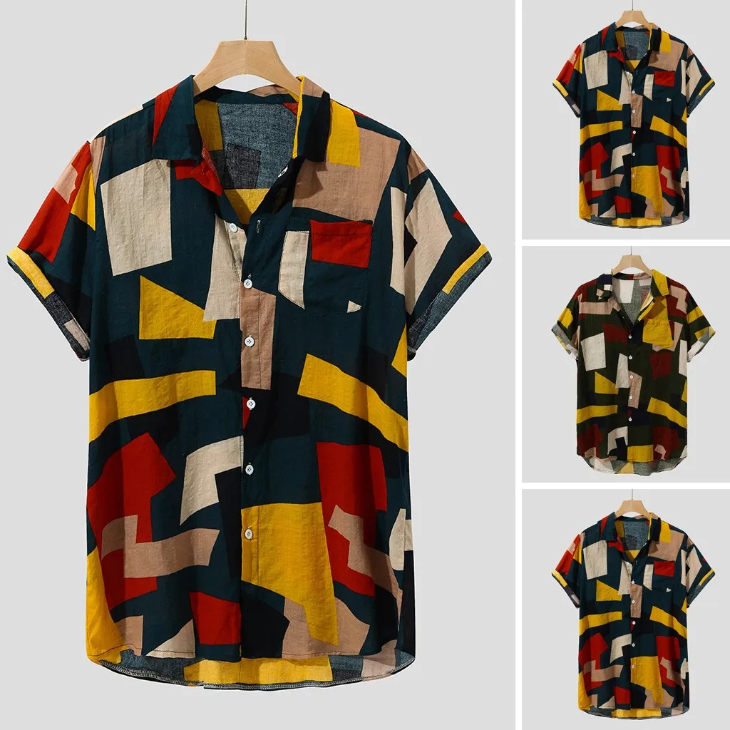 Летняя тонкая Свободная рубашка с коротким рукавом Гавайская Мужская рубашка Повседневная блуза с отложным воротником Топы уличная Camisa masculina
