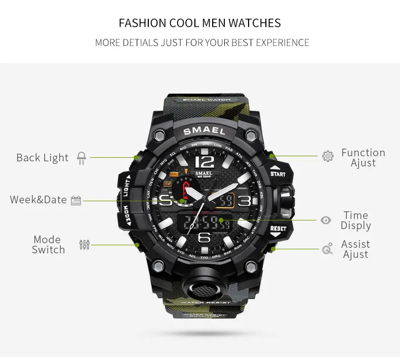 SMAEL Роскошные брендовые военные спортивные часы для мужчин s камуфляж PU ремни двойной дисплей светодиодный часы для мужчин модные повседневные для дайвинга 50 м xfcs