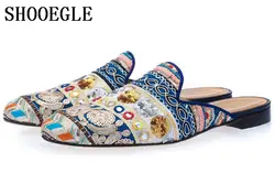 SHOOEGLE Для мужчин в богемном стиле Стиль холст вышитые вручную обувь Slip-on Шлёпанцы этнических тапочки Для мужчин повседневные тапки обувь