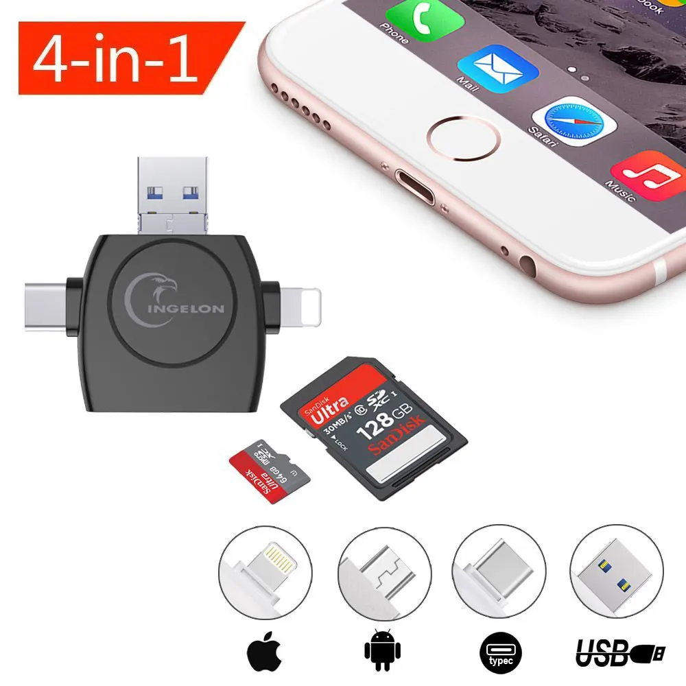 Ingelon все в 1 SD кард-ридер Microsd USB C TF карта адаптер SDHC Тип C OTG кард-ридер для iPhone XS MAX XR 6 Android