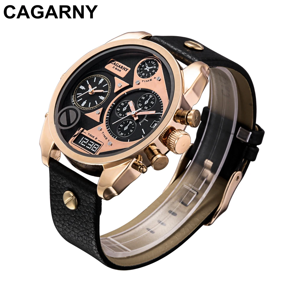 mens military watches army rose gold case black leather strap sports watches dual time zones large dial male clock for brave men free shipping (10)