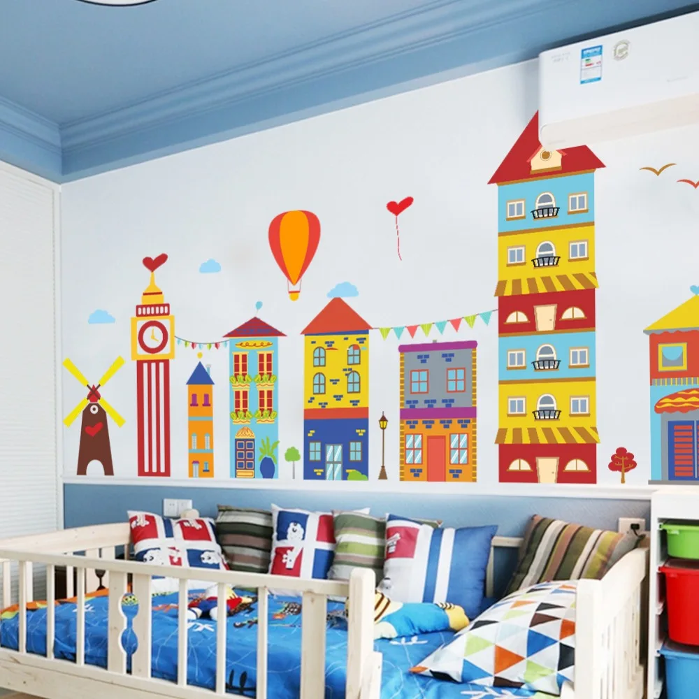 Free shipping 2style Colorful building windmill Hot air balloon wall stickers kids nursery home decor cartoon wall decals mural