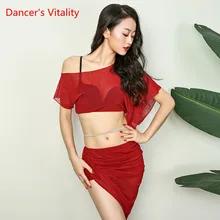 Лето Новое Прибытие женская Команда Практика Танцевальная Одежда 2 Шт. Костюм Танец Живота Прозрачный Топ Короткая Юбка Красный