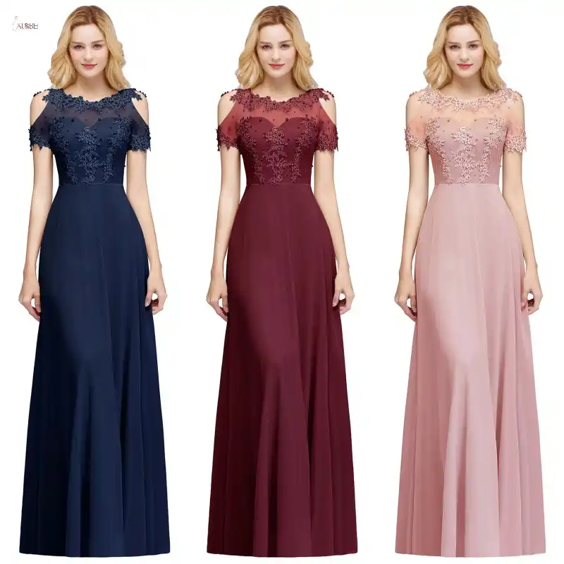 2019 Burdeos Azul Marino Largo De Gasa Dama De Honor Vestidos 2019 Aplique De Cuello Redondo Boda Fiesta De Invitados Vestido Madrinha Vestidos Para Dama De Honor Aliexpress