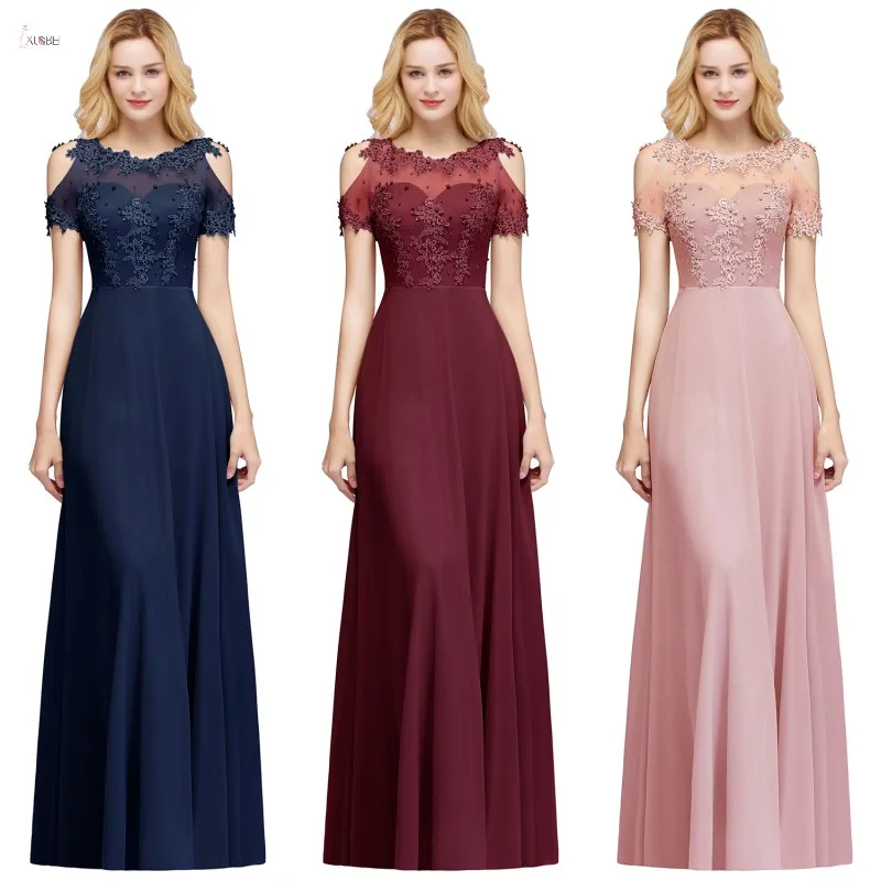 

2019 Burgundy Navy Chiffon Long Bridesmaid Dresses 2019 Scoop Neck Applique Wedding Guest Party Gown vestido madrinha