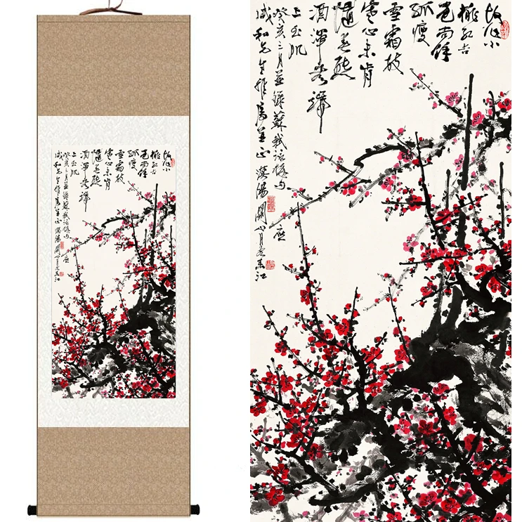 

Chinese Silk watercolor flower and birds ink Plum flower original art canvas wall damask picture framed scroll painting