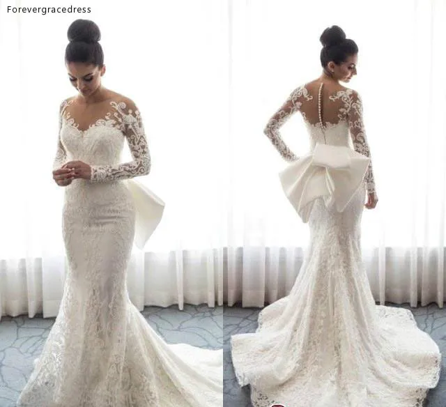 Gorgeous Long Sleeve Wedding Dress 2019 Mermaid Lace Bridal Gowns With Big Removable Skirt Bow Back BC0093  239 (4)