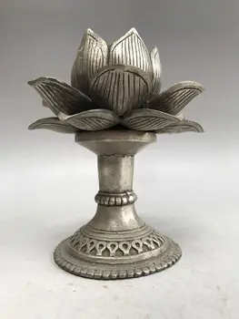 

China Antiques Tibetan silver hand made lotus Candlestick statue