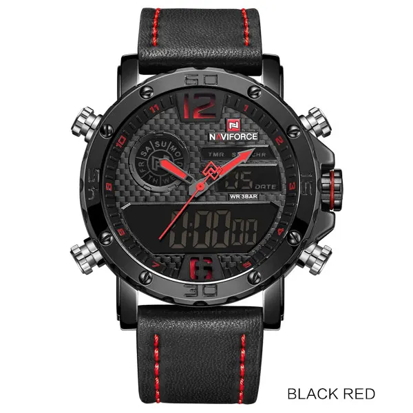 Модные часы NAVIFORCE, мужские, люксовый бренд, кварцевые наручные часы, мужские, повседневные, кожа, 30 м, водонепроницаемые, двойной дисплей, Relogio Masculino - Цвет: Black Red