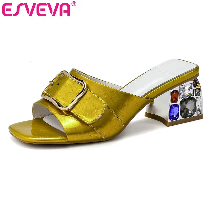 

ESVEVA 2019 Women Sandals Cow Leather+PU Summer Square Toe All Match Platform Square Med Heel Women Pumps Size 34-42