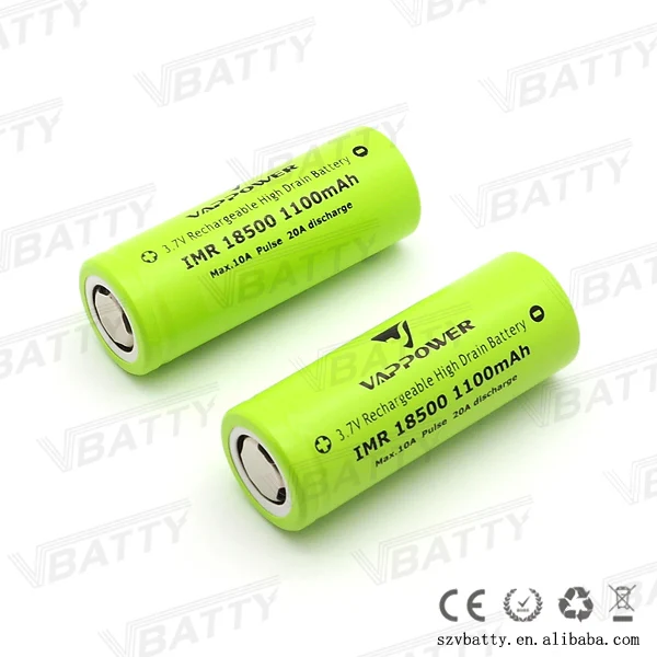 Vappower IMR 18500 1100 mah 20A 3,7 V литий-ионная аккумуляторная батарея с плоским верхом(1 шт