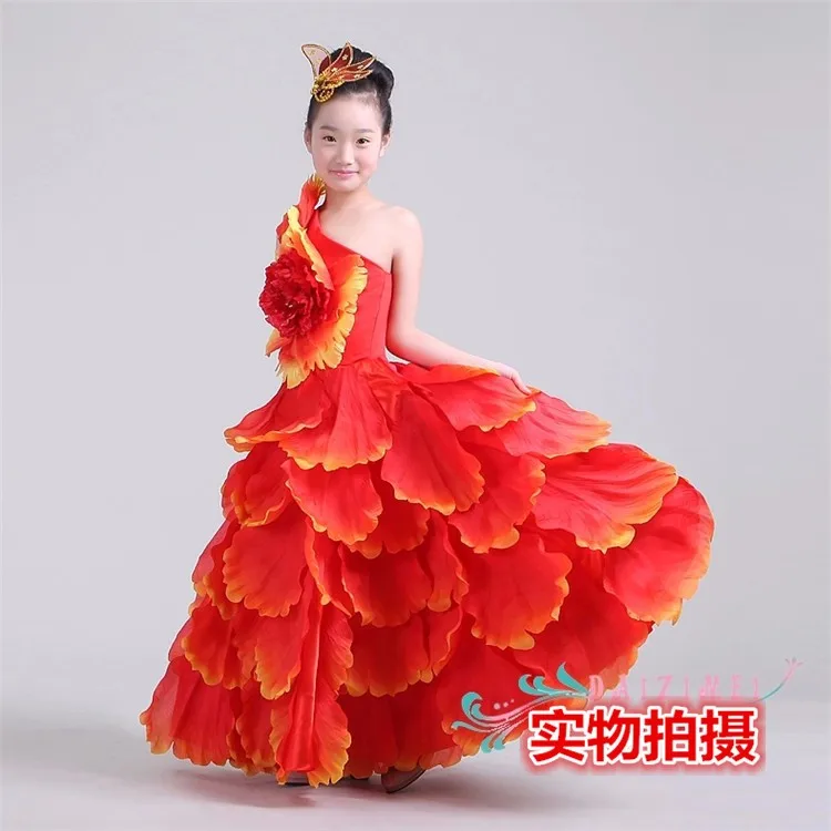 Испанская танцевальная юбка с лепестками детская сценическая одежда Детские костюмы для девочек, открытая танцевальная большая юбка