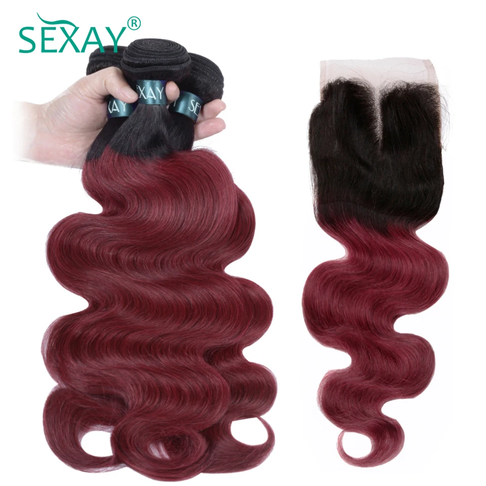 

SEXAY Burgundy Ombre Human Hair With Closure Brazilian Body Wave 3/4 Bundles With Closure Non Remy Wine Red Colored Hair Weave