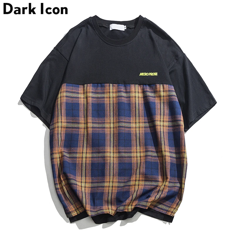 

Dark Icon Plaid Patchwork Men's T-shirt Short Sleeve Round Neck Oversized Tshirts Student Boy Tee Shirts