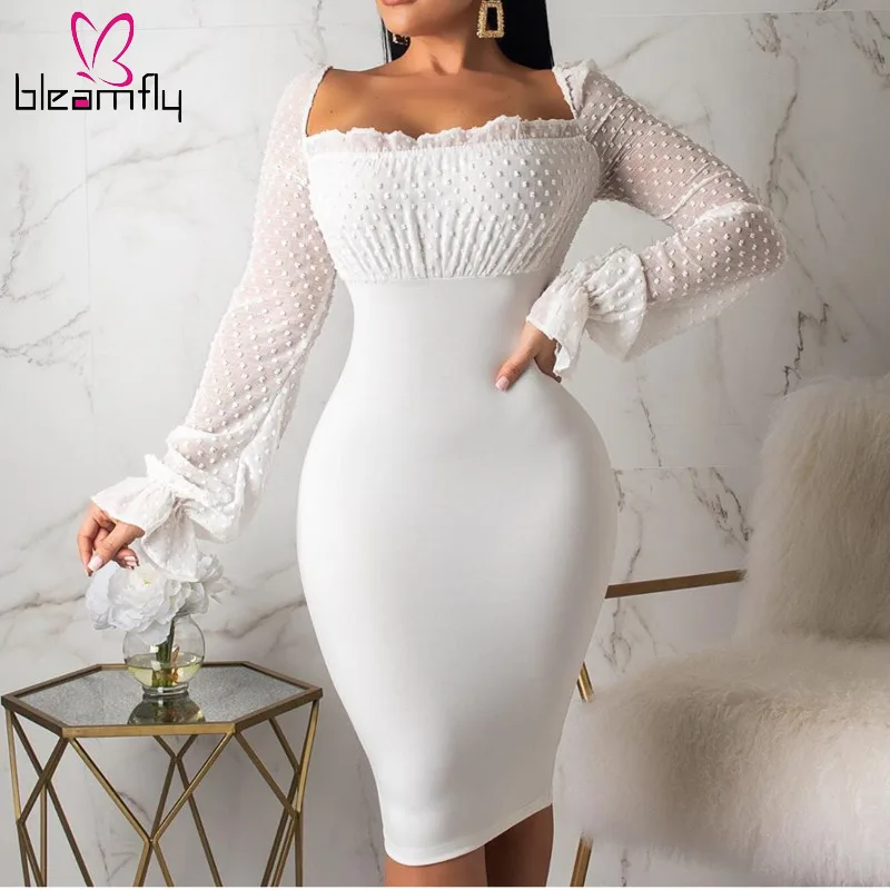 

Sexy Chiffon Black White Dress Women Sheer Mesh Square Collar Long Sleeve Bodycon Dresses Ladies Elegant Office Party Vestidos