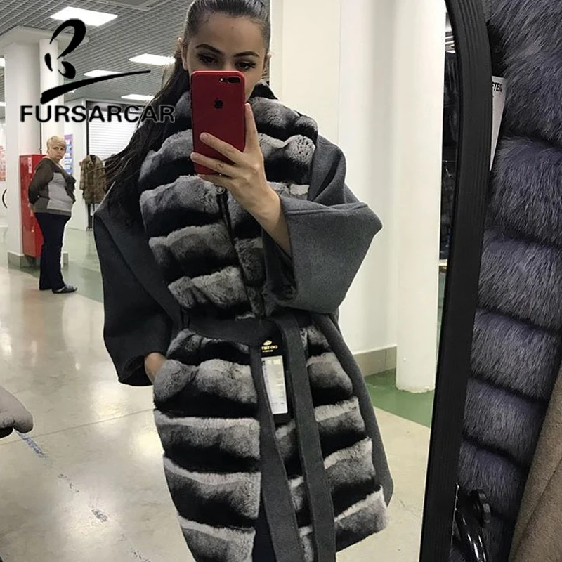 Женская шерстяная шуба FURSARCAR из натурального меха с воротником кролика Рекс зима