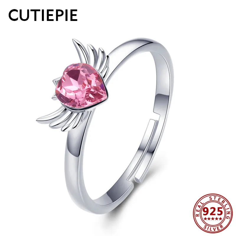 

CUTIEPIE Romantic Real 925 Sterling Silver Heart Wing Ring for Women Luxury Pink CZ Adjustable Finger Rings Fine Jewelry Gifts