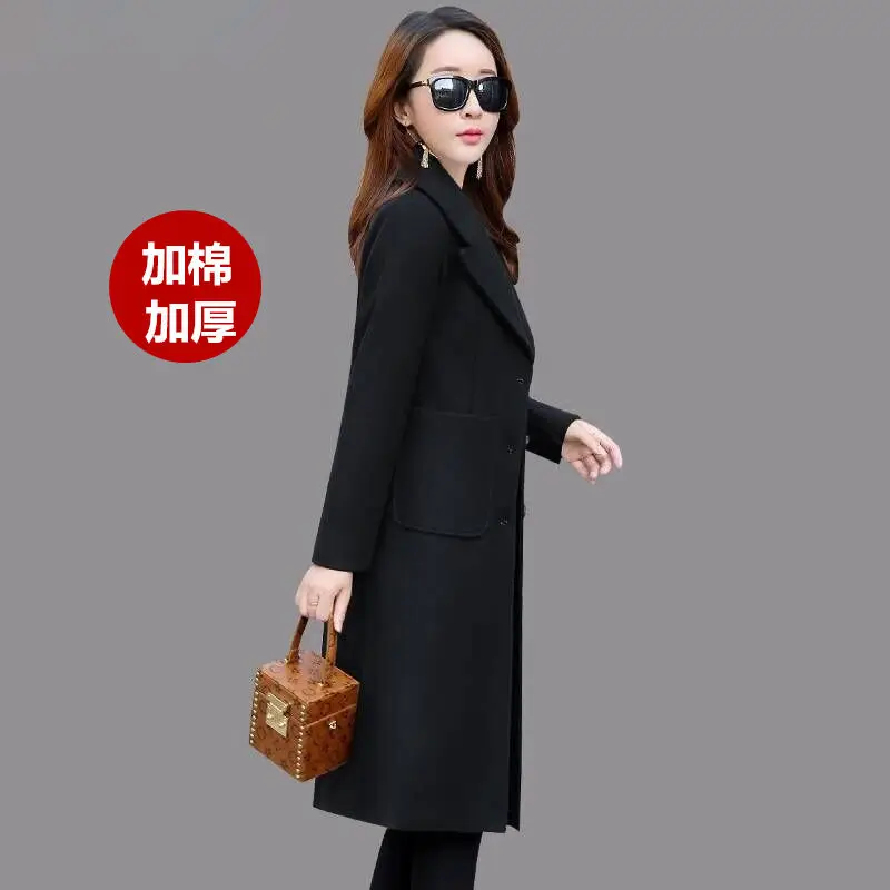 Add cotton Black Модное шерстяное пальто женское тонкое С Длинным Рукавом Casaco Feminino Плюс Размер длинное пальто Элегантное однобортное пальто Верхняя одежда толстые Топы 4XL - Цвет: Add cotton Black