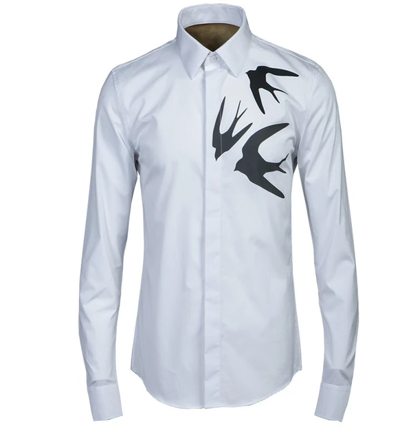 Luxury Men Shirt Chemise Homme Unique print three swallow Design