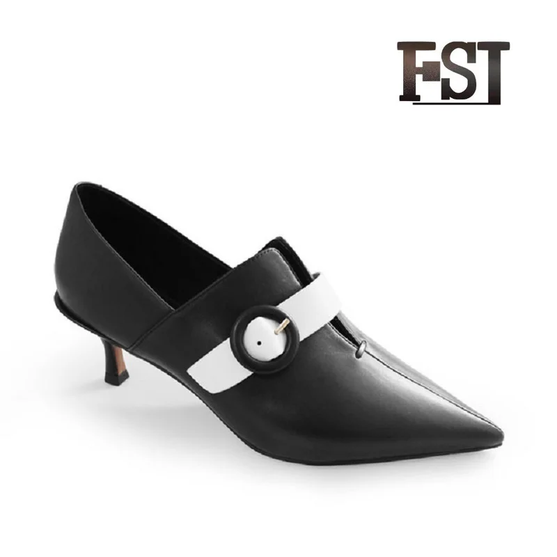 

FSJ Genuine Cow Leather Woman Spring/Autumn Summer Thin Heel Pointed Toe Pumps Sheepskin Retro Sewing Casual Office Career shoes