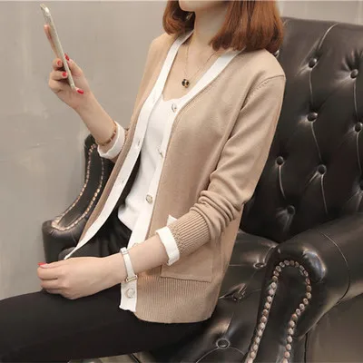 Женский трикотажный кардиган с v-образным вырезом и длинным рукавом весна-осень